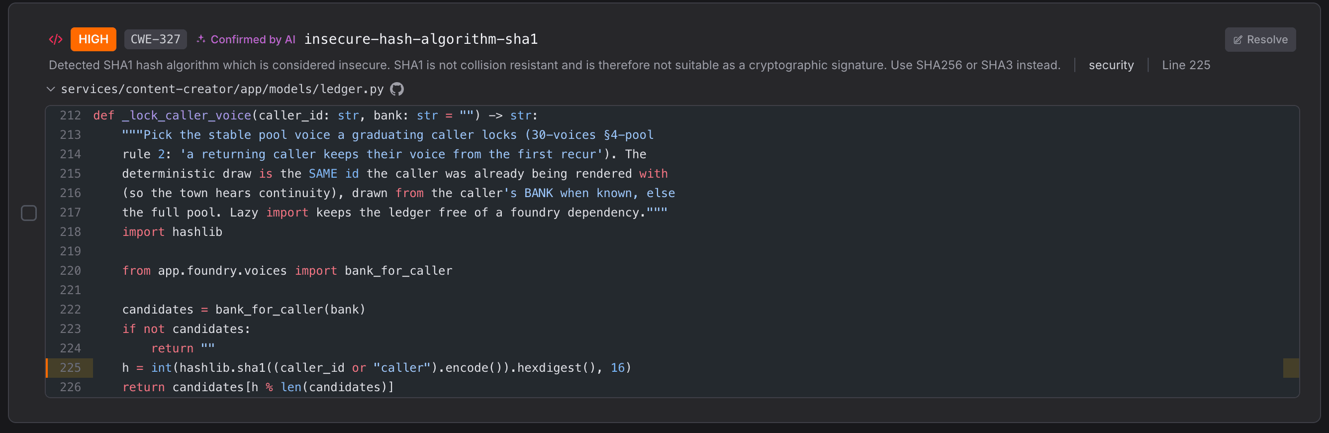Detail view of a scanner-discovered HIGH-severity insecure SHA-1 finding tagged CWE-327, with a 'Confirmed by AI' label in its header, and the source code at line 225 showing SHA-1 used as a deterministic selector.