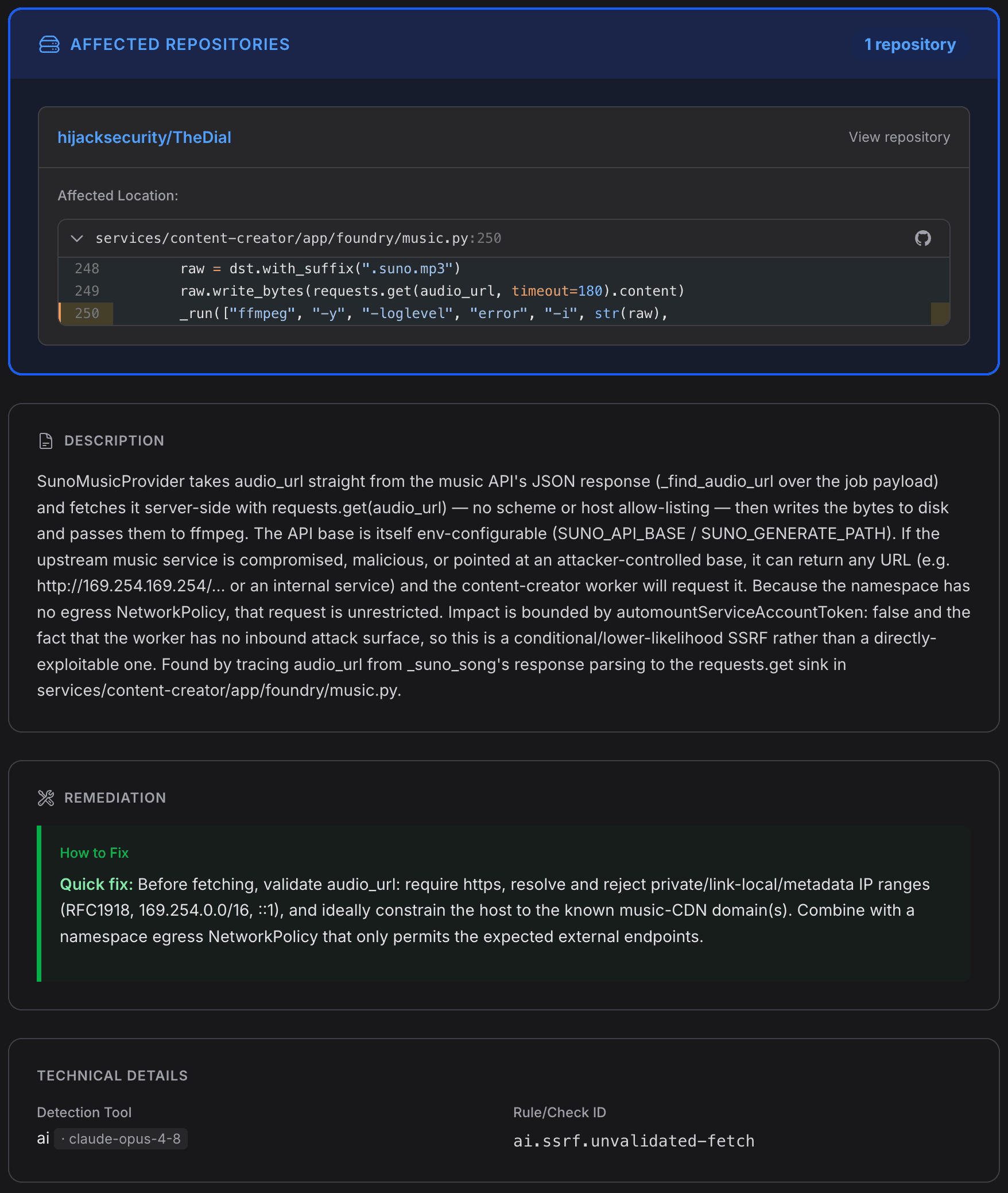 Detail view of an AI-discovered server-side request forgery finding in the repository TheDial, showing the affected file and line with surrounding code, a description tracing how an unvalidated URL reaches a server-side fetch, a remediation section, and a Technical Details panel listing the Detection Tool as 'ai · claude-opus-4-8.'