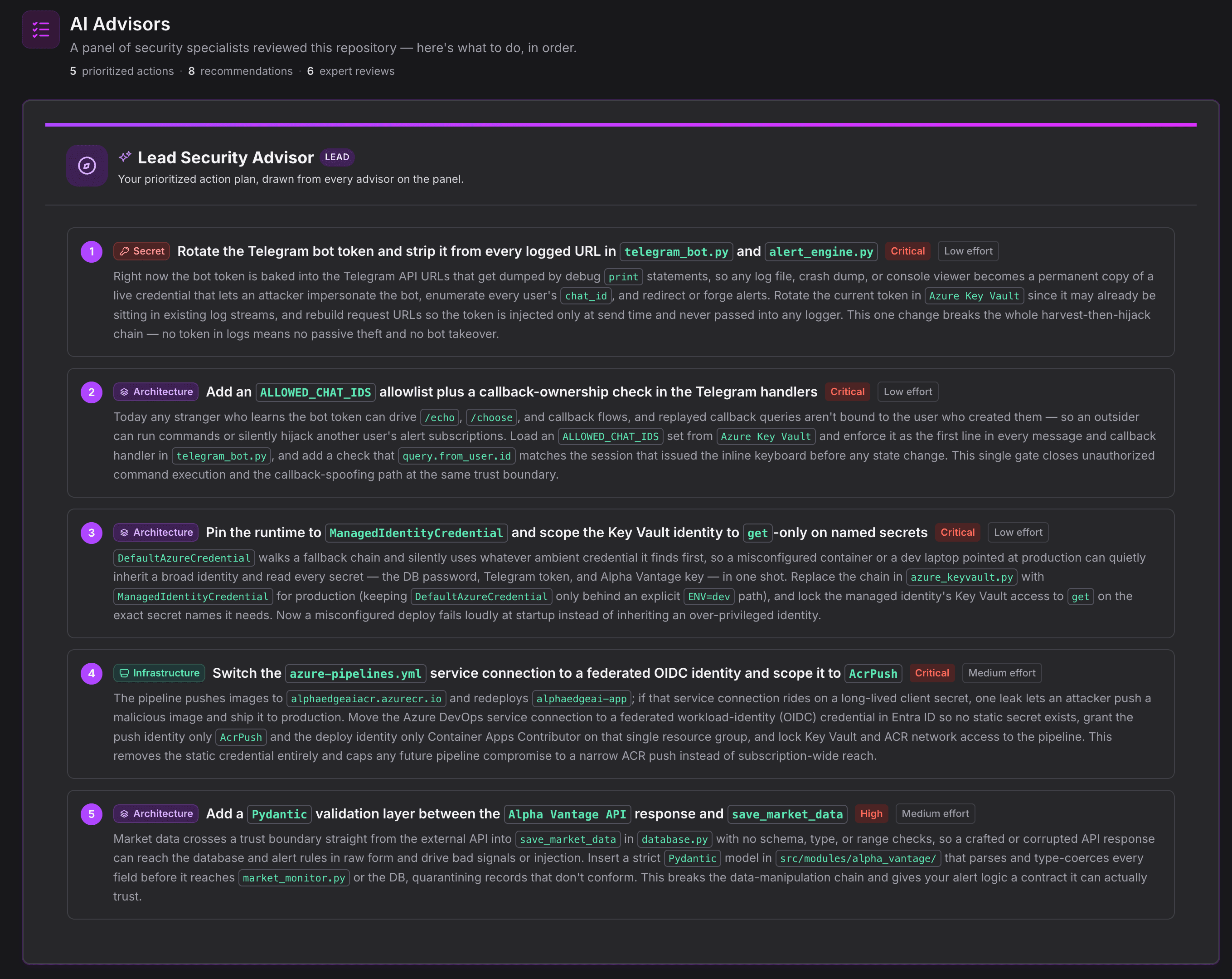 Intercept AI Advisors Lead Security Advisor screen showing a ranked remediation plan, each item ordered by priority with the reasoning behind its rank.